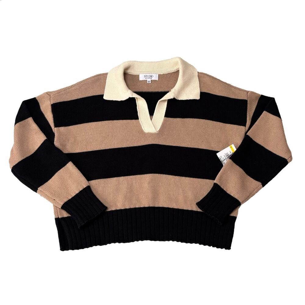Studio by The Workshop Camel Stripe Polo Sweater Rugby Knit Top S - Picture 4 of 7